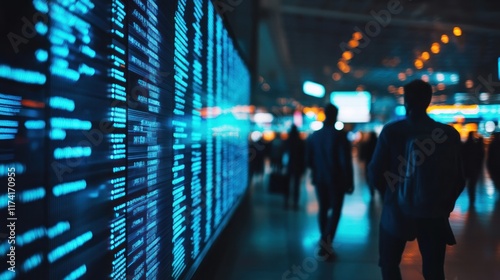 Futuristic transportation hub with glowing digital sig