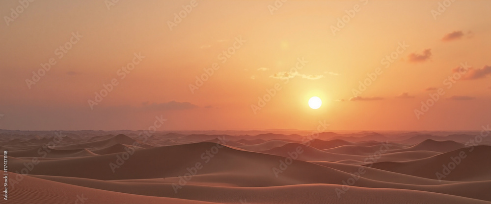 Peachy sunset over distant sand dunes creating a serene and tranquil atmosphere as the day gently fades into night Peachy sunset over distant sand dunes creating a serene and tranquil atmosphere as the day gently fades into night