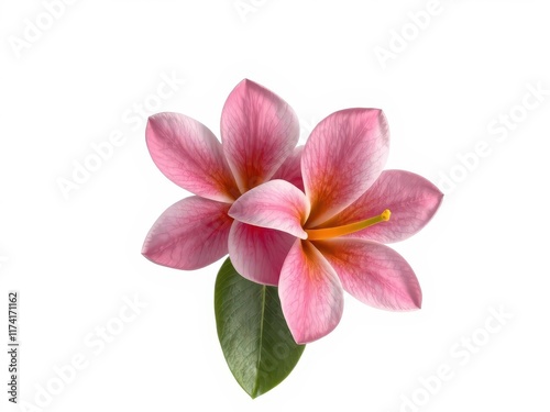 A single, vibrant frangipani blossom isolated against a pure white backdrop, yellow, background