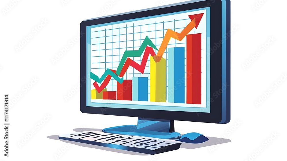 A computer screen showing a digital success graph with increasing sales and profits, symbolizing progress and the successful achievement of business goals.


