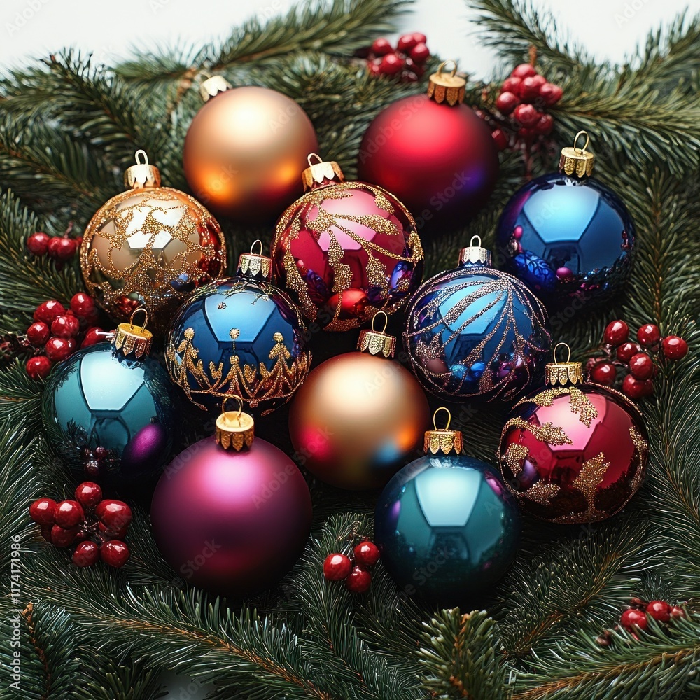 Vibrant Christmas Ornaments and Evergreen Branches in a Festive Still Life Composition Vibrant Christmas Ornaments and Evergreen Branches in a Festive Still Life Composition