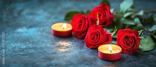 Valentines Day table with glowing candles and red roses in soft lighting, dynamic, fusion, party setup