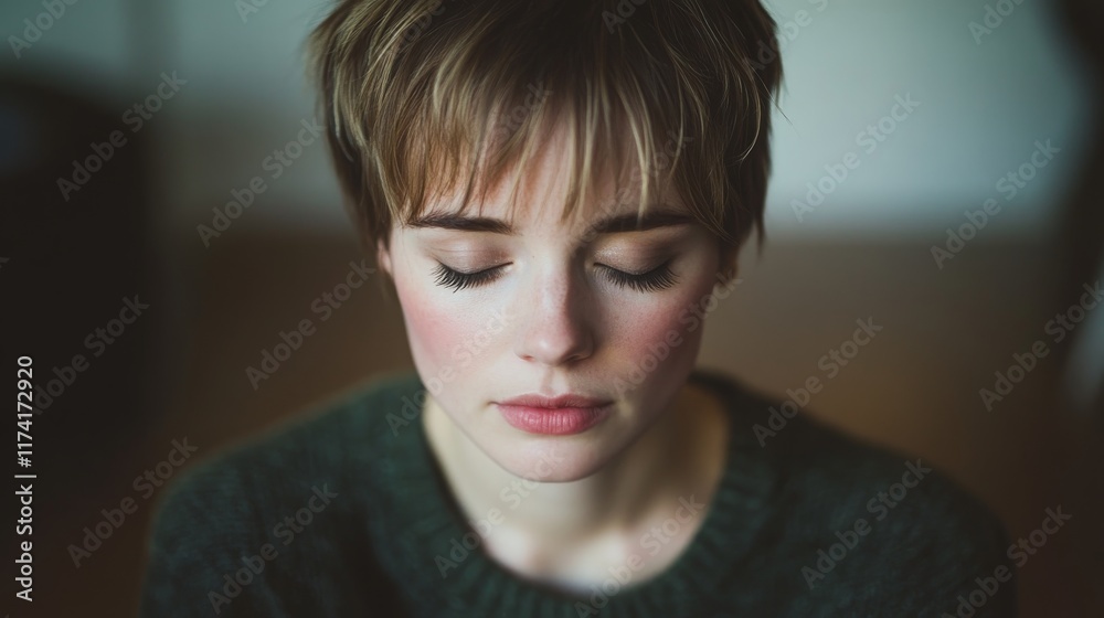 Serene Young Woman with Short Hair and Natural Makeup Expressing Calmness and Reflection in a Minimalistic Indoor Environment Serene Young Woman with Short Hair and Natural Makeup Expressing Calmness and Reflection in a Minimalistic Indoor Environment