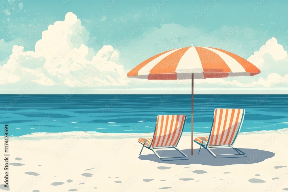 Two empty beach chairs under parasol on tropical beach during summer vacation Two empty beach chairs under parasol on tropical beach during summer vacation