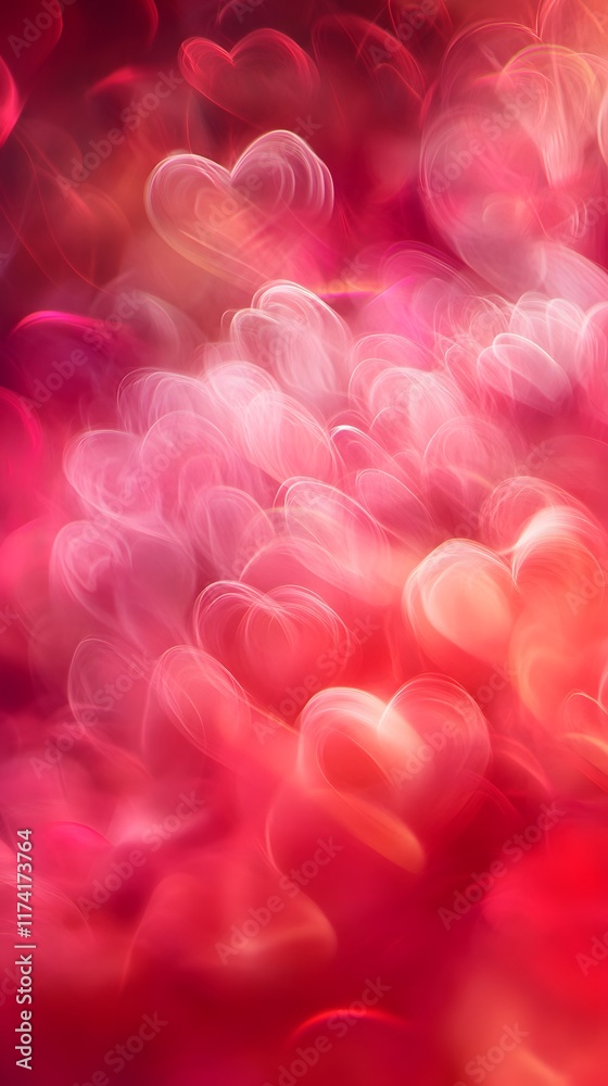 Obraz premium A romantic background of softly blurred hearts in shades of red and pink, leaving space for text in the center
