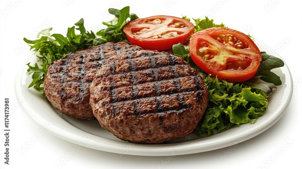 delicious plate of grilled beef burgers isolated on white background delicious plate of grilled beef burgers isolated on white background