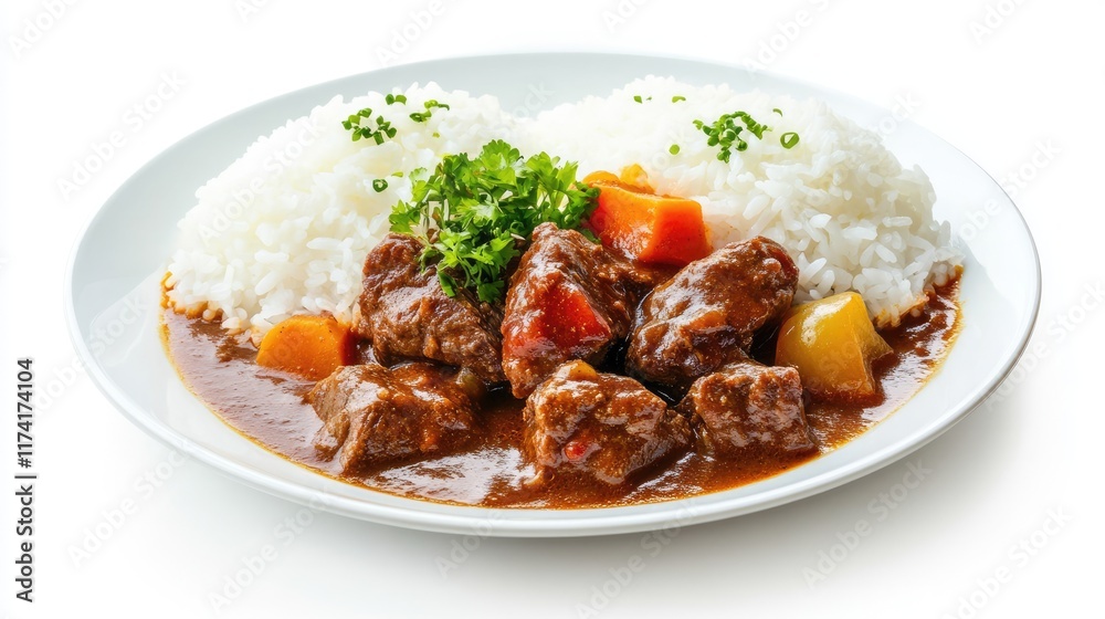 delicious plate of japanese beef curry and white rice isolated on a white background delicious plate of japanese beef curry and white rice isolated on a white background