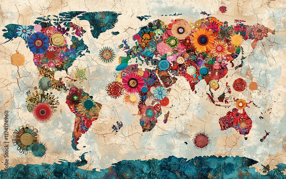 Naklejka premium Colorful floral world map on textured background.