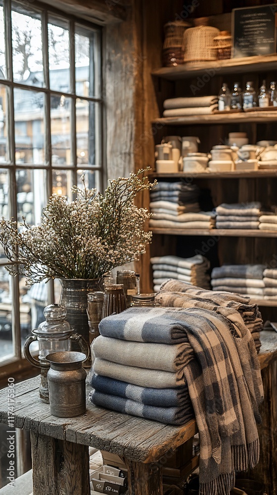 Rustic shop interior with stacked blankets, wooden shelves, and dried flowers near window. Rustic shop interior with stacked blankets, wooden shelves, and dried flowers near window.