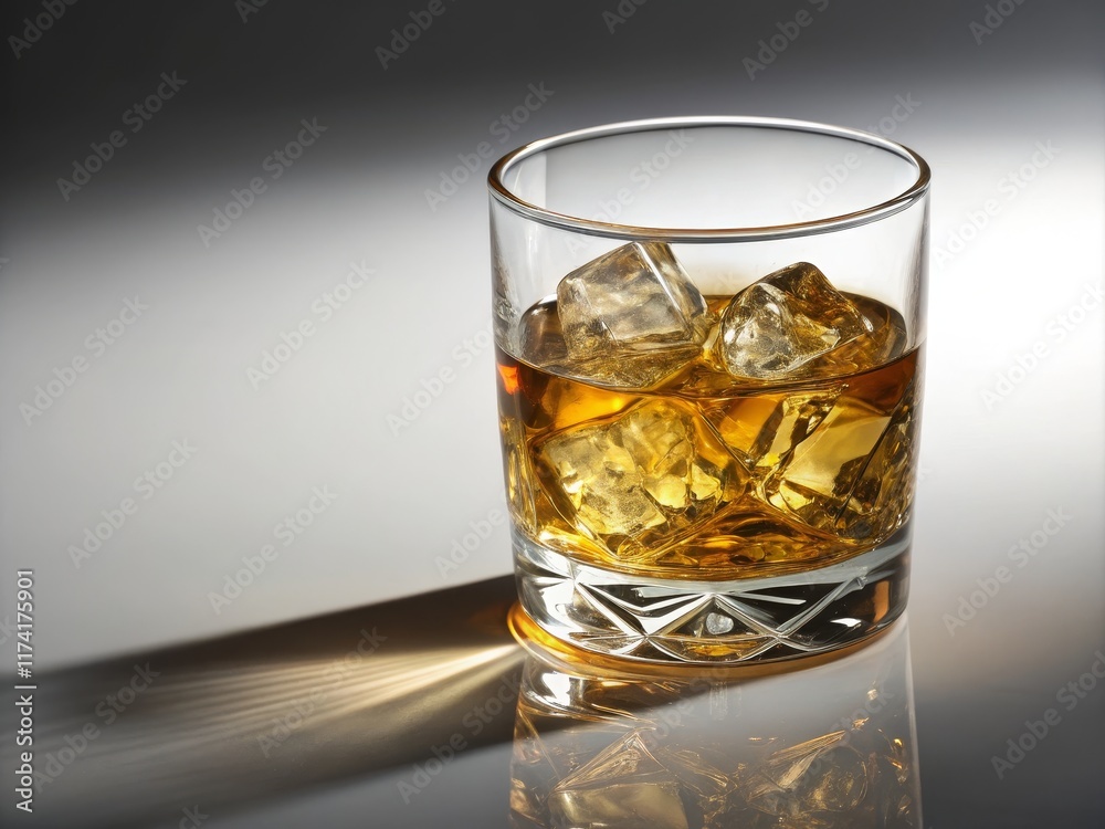 Whiskey Rocks Glass Still Life Golden Hour Lighting, Close-up Composition, Crystal Glassware, Ice Cubes. Whiskey,Still Life Photography Whiskey Rocks Glass Still Life Golden Hour Lighting, Close-up Composition, Crystal Glassware, Ice Cubes. Whiskey,Still Life Photography