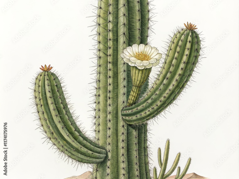 Naklejka premium Watercolor Cactus Botanical Illustration Cereus Blooming, Desert Flora, Close-up Composition Cactus, Botanical Illustration