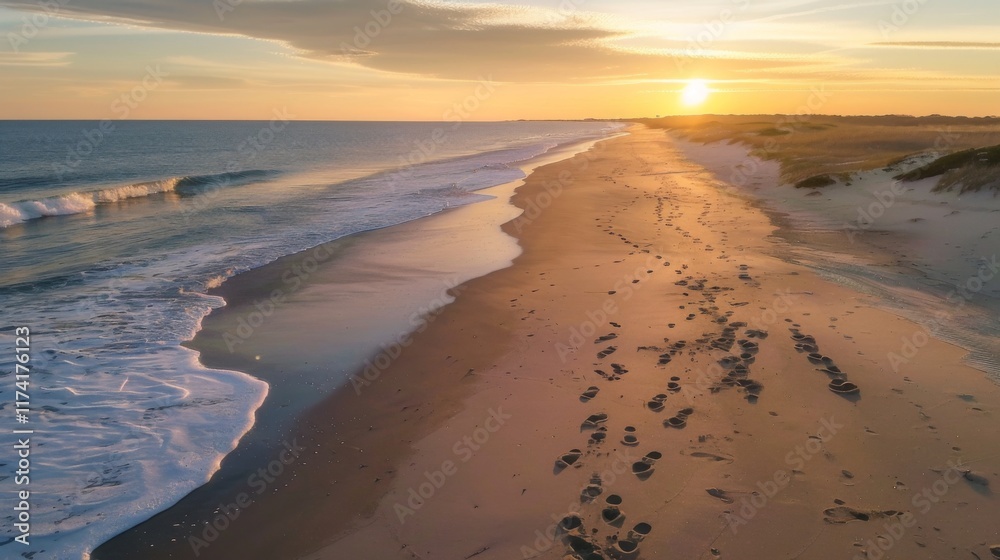Obraz premium Footprints Leading Toward Ocean Along Sunset Beach for Travel and Scenic Content 