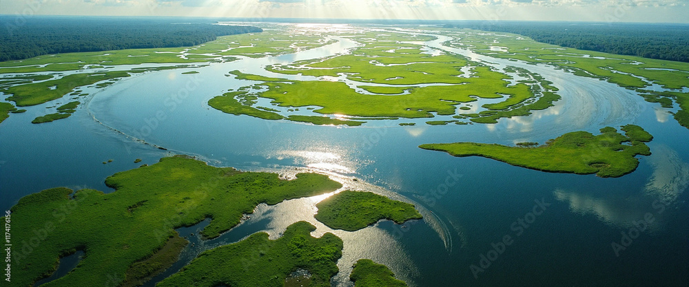 Aerial view of winding waterways surrounded by lush greenery and reflecting sunlight, capturing the serene beauty of nature Aerial view of winding waterways surrounded by lush greenery and reflecting sunlight, capturing the serene beauty of nature