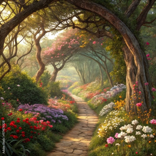 Sunlit Stone Path Through Blooming Garden Digital Painting, Floral Archway, Fantasy Landscape, Whimsical Path Keywords Digital art, fantasy art