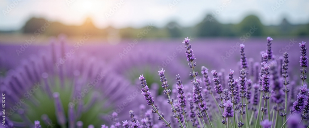 Obraz premium Vibrant Lavender Blossoms in a Peaceful Field Bathed in Soft Sunset Glow