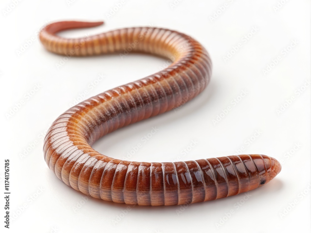 Naklejka premium S-Shaped Earthworm Macro Photography, Close-up, White Background, Segmented Body, Earthworm Anatomy Earthworm, Macro photography