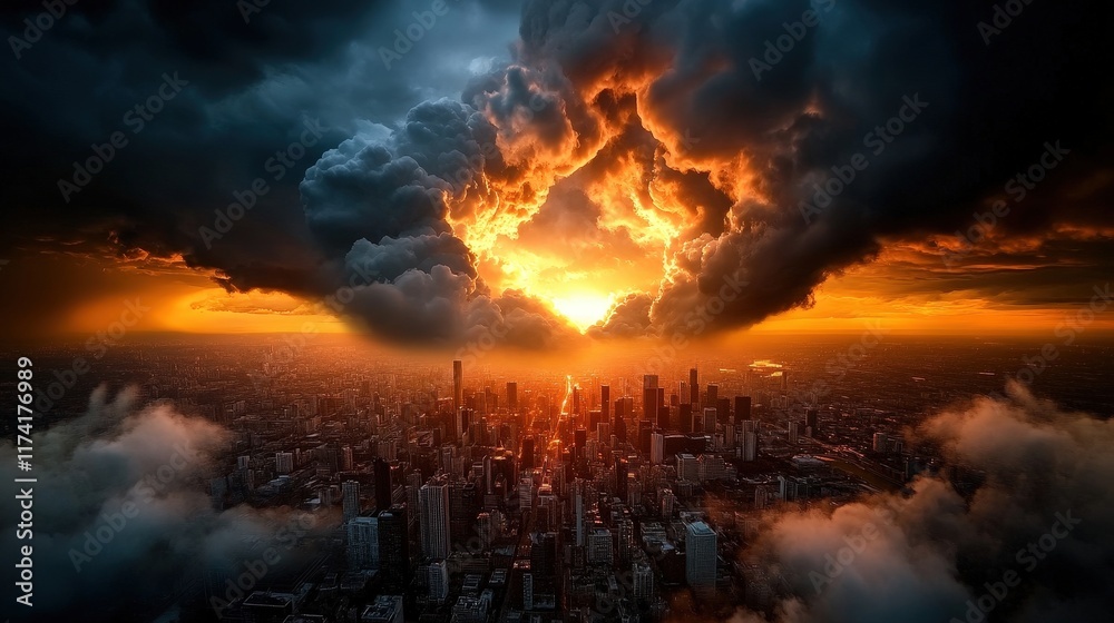 Fototapeta premium A stunning aerial view of a city beneath a dynamic sunset, bathed in vibrant colors that evoke a sense of wonder, capturing the urban landscape amidst a spectacular display of nature.