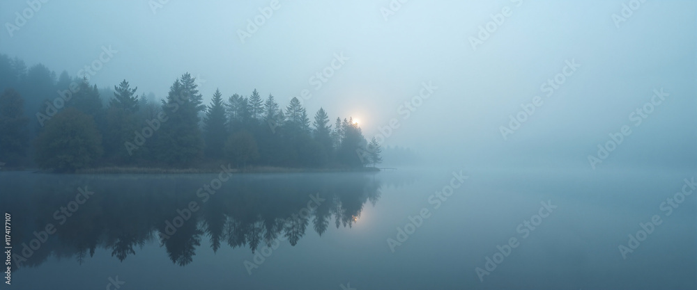 Fototapeta premium Cypress Trees by the Lake shrouded in mist at sunrise creating a serene and tranquil atmosphere reflected in calm water