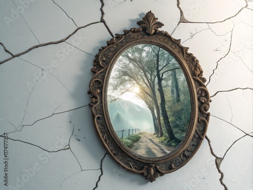 Ornate Mirror Reflecting Path Through Woods, Cracked Wall Composition, Surrealism, Fantasy Art, Digital Art. Surrealism, Fantasy