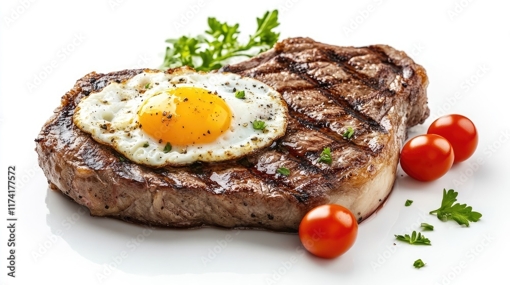 delicious steak with fried egg isolated on white background delicious steak with fried egg isolated on white background
