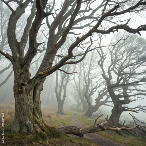Misty Forest Path Winding Trail Through Ancient Trees, Landscape Photography, Nature Concept Keywords Forest, Landscape