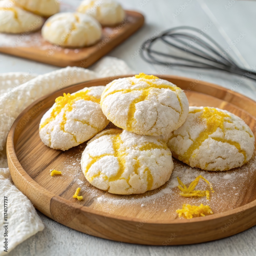 Lemon Cookies Wooden Plate, Powdered Sugar, Closeup, Food Photography Lemon cookies, baking, dessert Lemon Cookies Wooden Plate, Powdered Sugar, Closeup, Food Photography Lemon cookies, baking, dessert