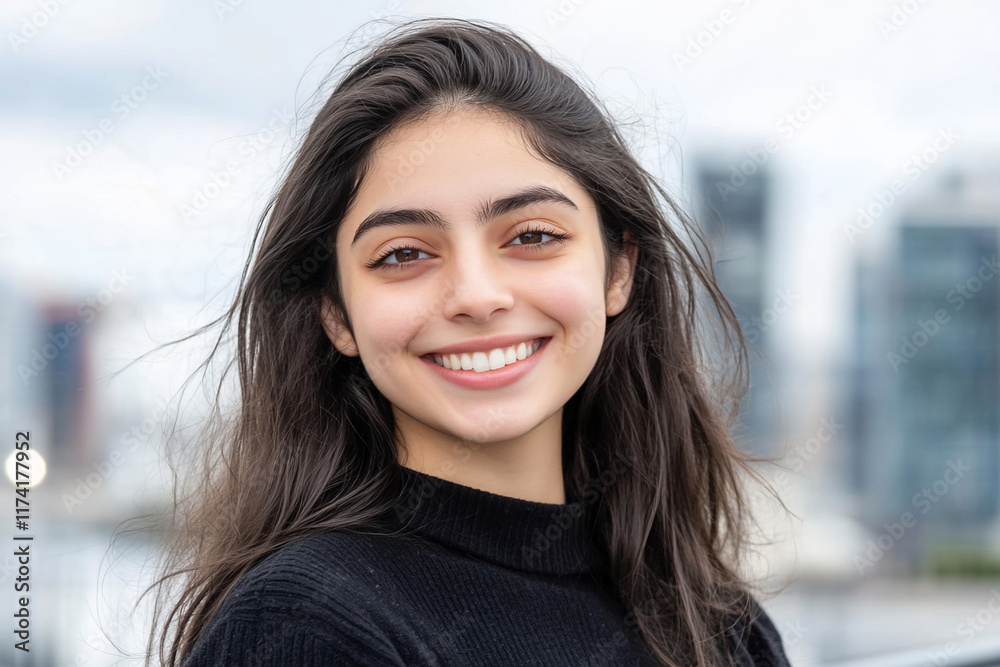 A smiling young woman with long hair against a city backdrop. A smiling young woman with long hair against a city backdrop.