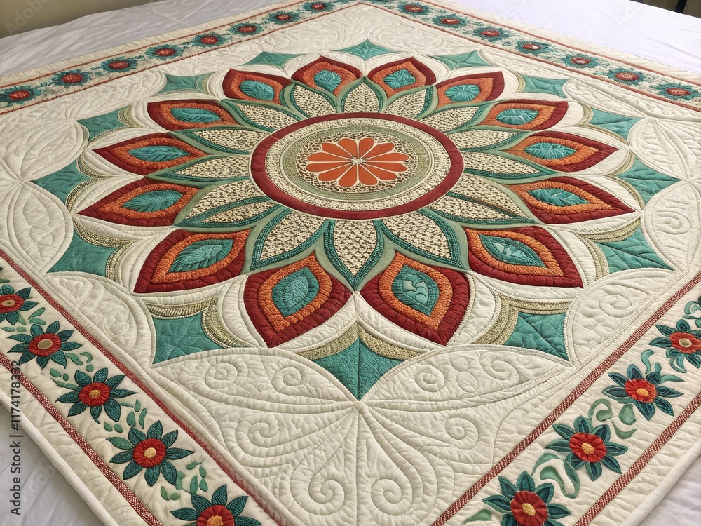Obraz premium Floral Mandala Quilt Appliqué, Free-Motion Quilting, Teal and Red, Quilt Design Quilt, Appliqué