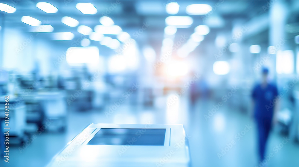 Fototapeta premium Blurred background of an electronic factory with workers and equipment in the foreground