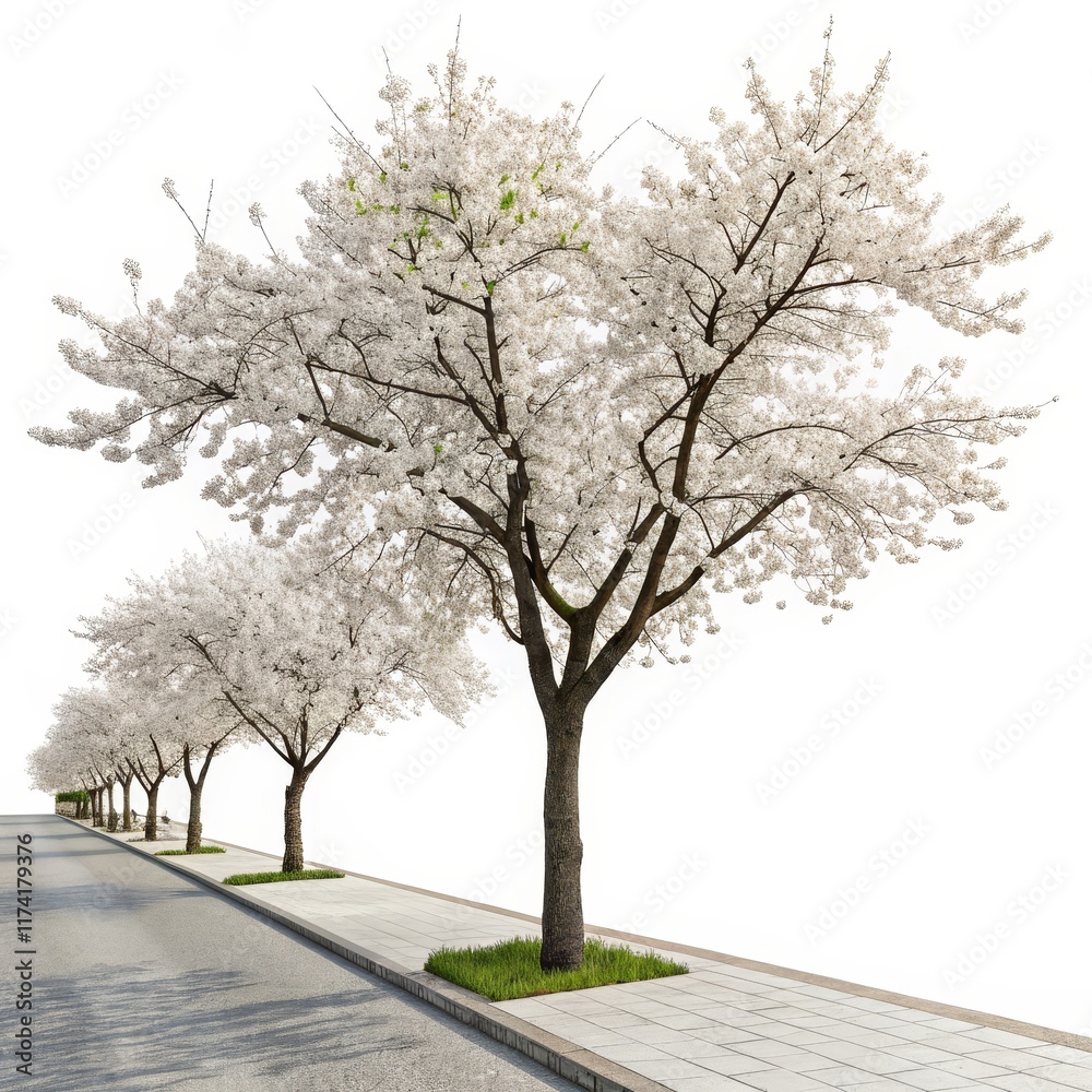 Obraz premium Cherry Blossom Trees on Roadside 3D Render, Spring, White Background, Pavement Cherry blossoms, 3D rendering