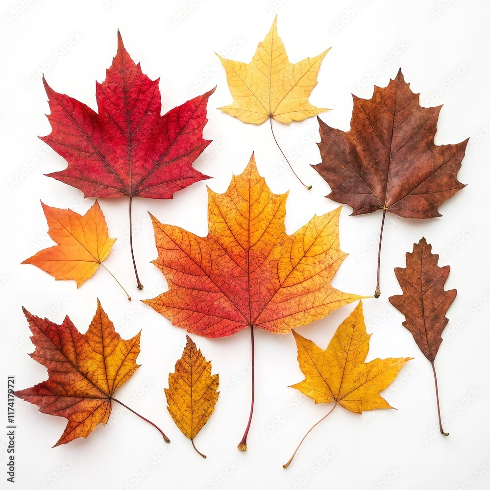 Obraz premium Autumn Maple Leaf Composition Red, Yellow, Brown Fall Foliage, Flat Lay, White Background. Autumn leaves, fall colors