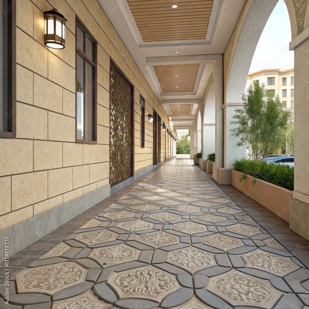 Architectural Corridor Design Beige Stone Walls, Ornate Hexagonal Floor Tiles, 3D Rendering, Architectural Visualization Keywords Architecture, Interior Design Architectural Corridor Design Beige Stone Walls, Ornate Hexagonal Floor Tiles, 3D Rendering, Architectural Visualization Keywords Architecture, Interior Design