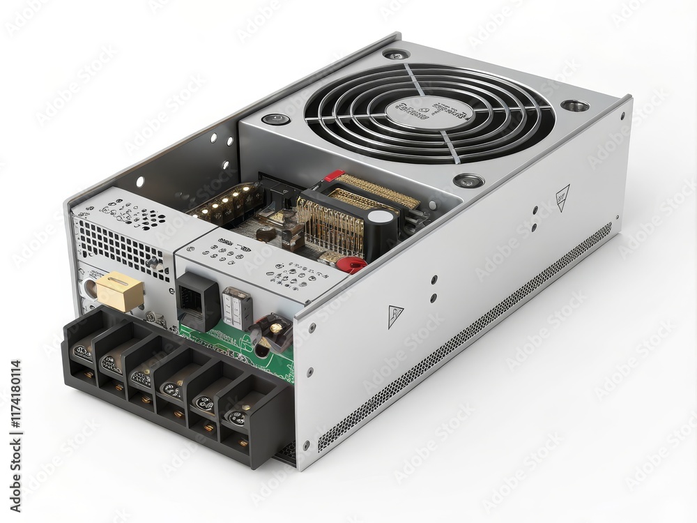 Fototapeta premium 3D Render Open Power Supply Unit, Circuit Board, Cooling Fan, Electronic Components, isometric view Power Supply, 3D rendering