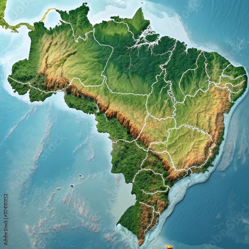 3D Render of Brazil Topography, Borders, Aerial View, Satellite Image, Amazon, South America Brazil, map
