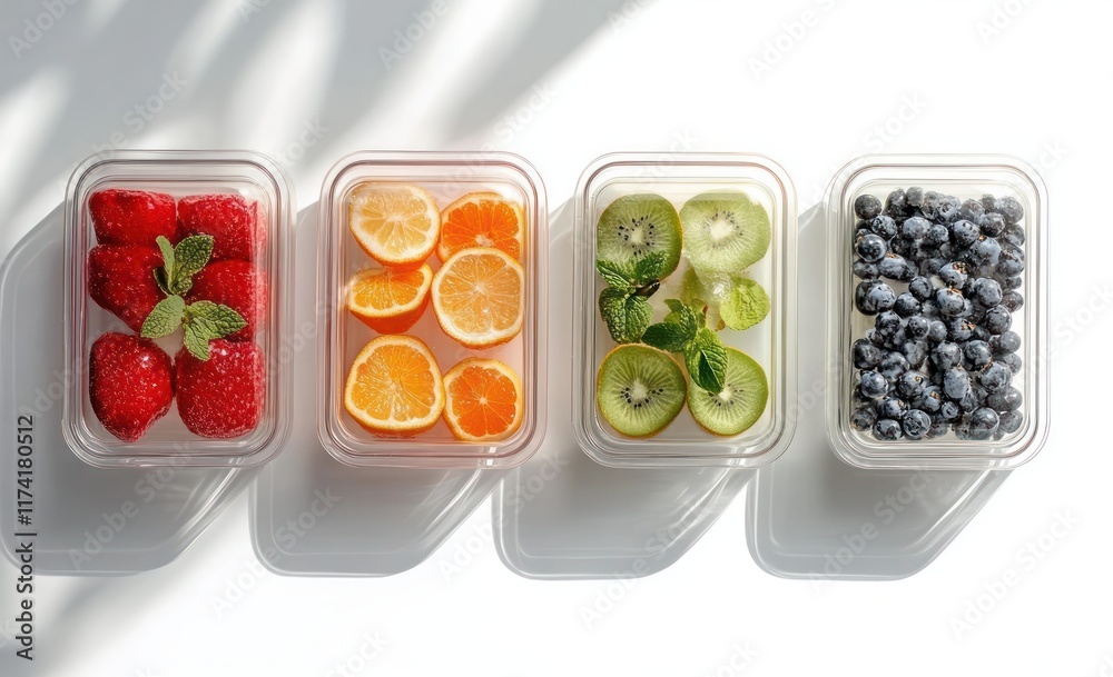 Transparent plastic containers with colorful fruits mockup top view Transparent plastic containers with colorful fruits mockup top view