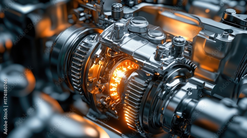 Obraz premium Detailed 3D rendering of a car internal combustion engine including power, ignition, cooling, lubrication and exhaust systems, crank and gas distribution mechanism