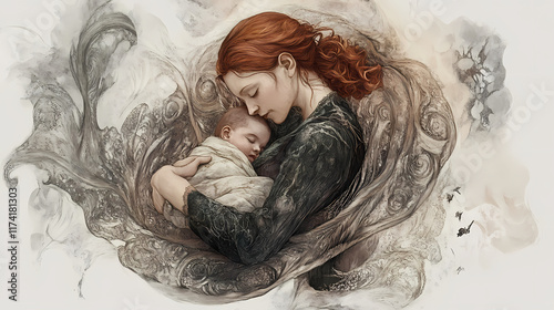 Gentle midwife cradling sleeping infant. Mistweave. Illustration