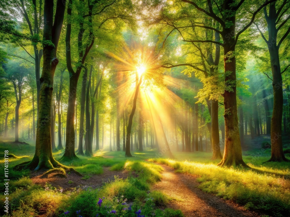 Naklejka premium Mystical sunlight streams through ethereal trees, illuminating a magical forest glade.