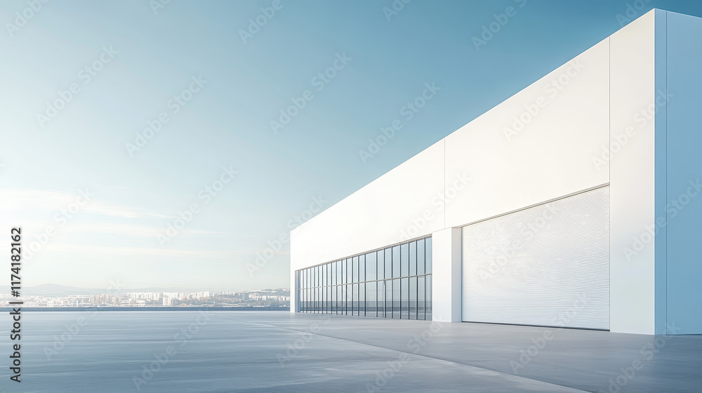 Fototapeta premium A modern white warehouse exterior, with large windows on the right side of the frame, a clean concrete floor
