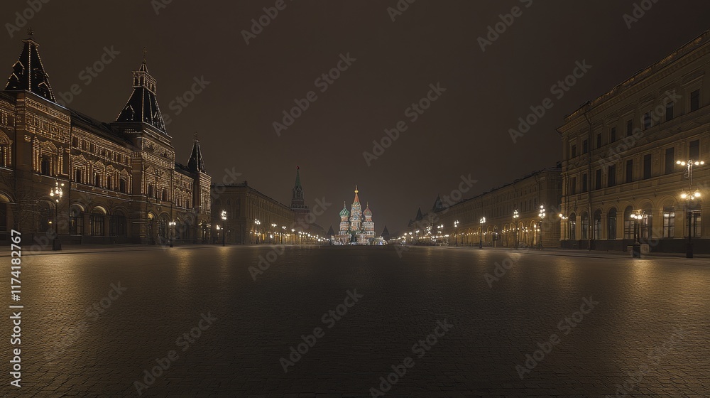 Fototapeta premium Quiet Night in Moscow's Red Square Capturing the Architectural Beauty of Historic Building Surrounded by Soft Light and Empty Streets Under a Starry Sky