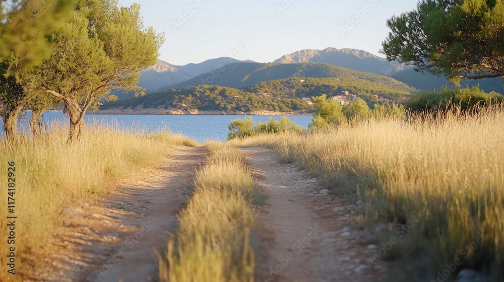 Coastal path leads to tranquil bay, mountains Coastal path leads to tranquil bay, mountains