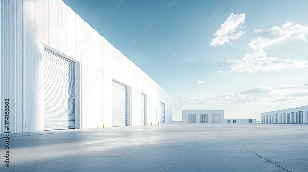 Fototapeta premium A modern white warehouse exterior, with large windows on the right side of the frame, a clean concrete floor