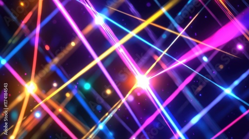 Digital, neon colored, illuminant lines crossing at night over dark background.