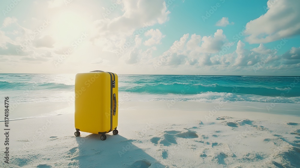 A wide-angle view captures a vibrant, sun-kissed scene of a yellow modern suitcase with small wheels standing proudly on soft, powdery sand against the backdrop of a glistening turquoise sea, A wide-angle view captures a vibrant, sun-kissed scene of a yellow modern suitcase with small wheels standing proudly on soft, powdery sand against the backdrop of a glistening turquoise sea,