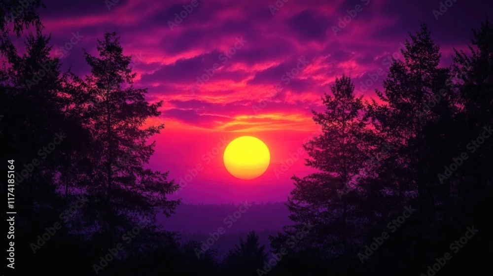 Vibrant Sunrise Over Forest Silhouette with Purple and Pink Hues Vibrant Sunrise Over Forest Silhouette with Purple and Pink Hues