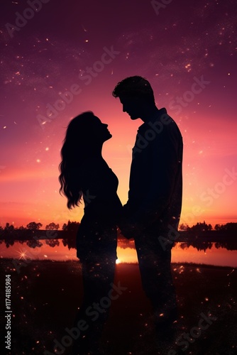 Dark silhouette of a couple at sunset