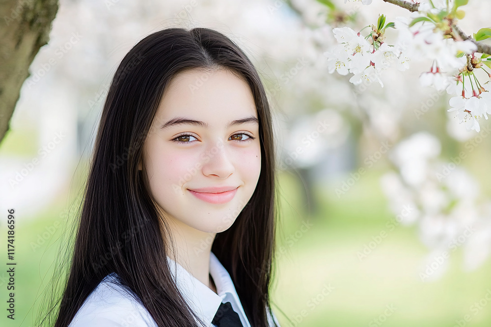 A young girl smiling beside blooming cherry blossoms. A young girl smiling beside blooming cherry blossoms.