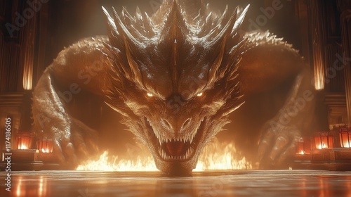 Fiery golden dragon in ancient hall.