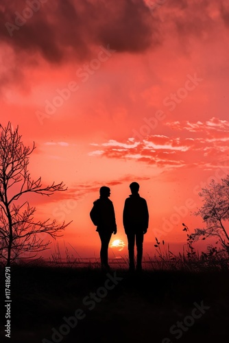 Dark silhouette of a couple standing by the water at sunset