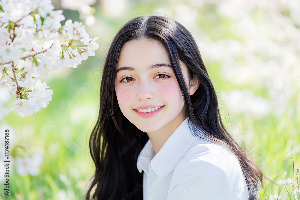 A young girl smiles amidst blooming cherry blossoms in a serene setting. A young girl smiles amidst blooming cherry blossoms in a serene setting.